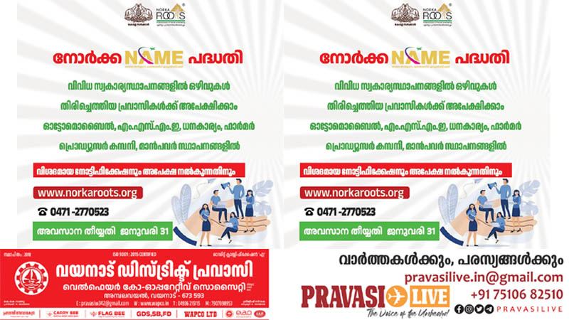 കേരളത്തിലെ വിവിധ സ്വകാര്യസ്ഥാപനങ്ങളില്‍ ഒഴിവുകള്‍; നോര്‍ക്ക നെയിം പദ്ധതിയിലൂടെ തിരിച്ചെത്തിയ പ്രവാസികള്‍ക്ക് അപേക്ഷിക്കാം